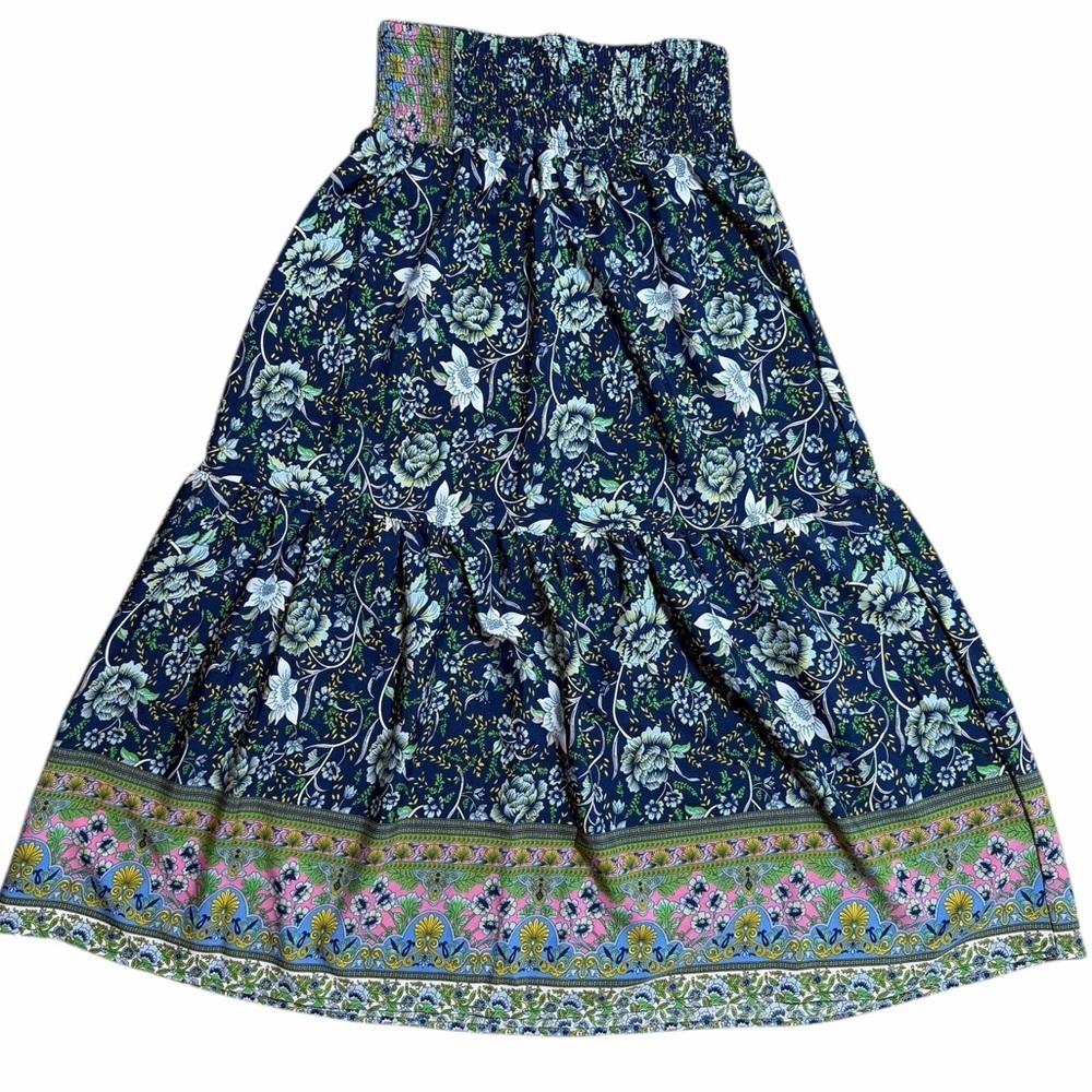 Bohemian Floral Border Print Maxi Skirt Size L NWT Smocked Waist Hippie - Picture 6 of 8